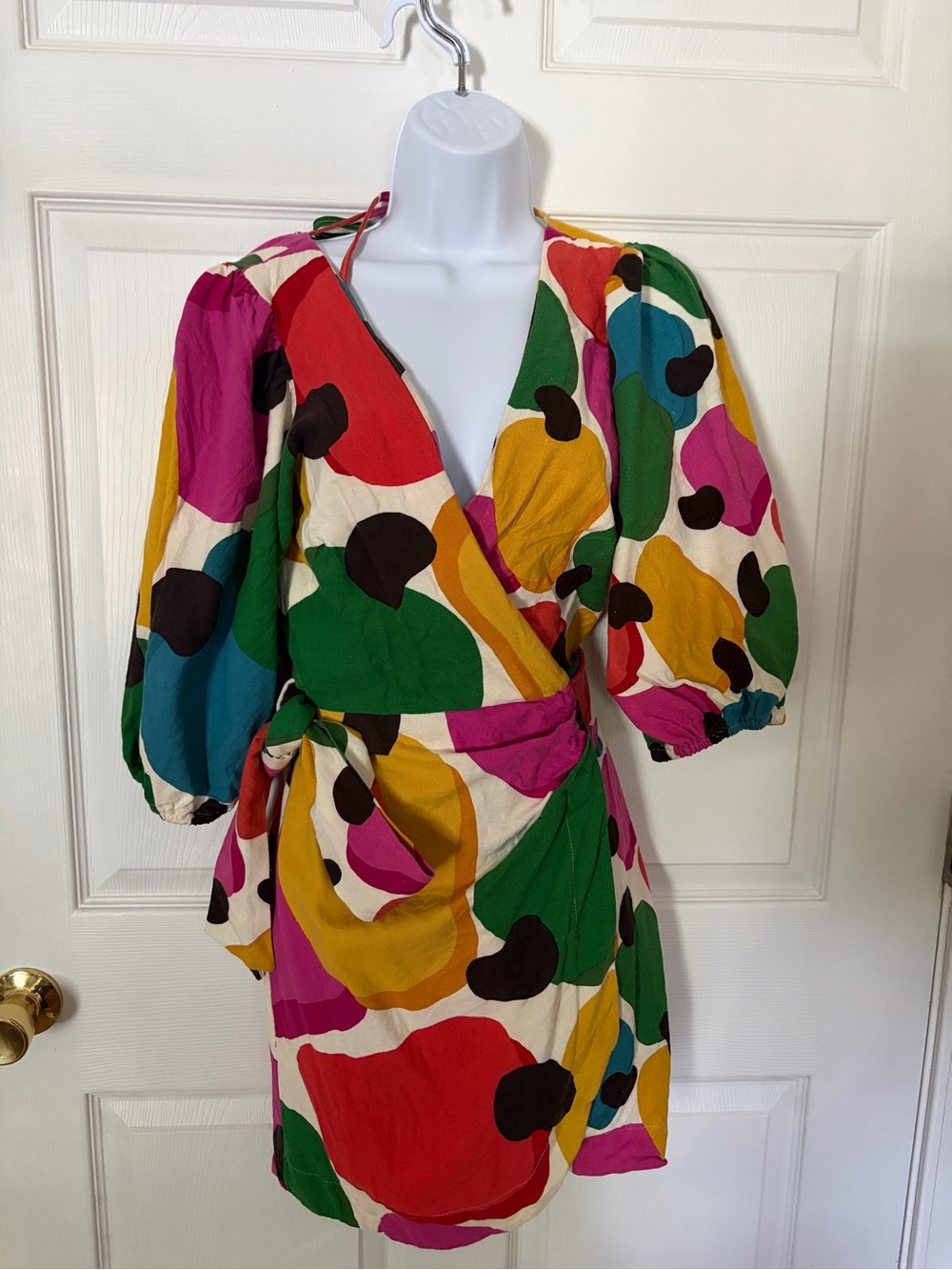 FARM Rio Multicolor Abstract Wrap Dress with Puff Sleeves